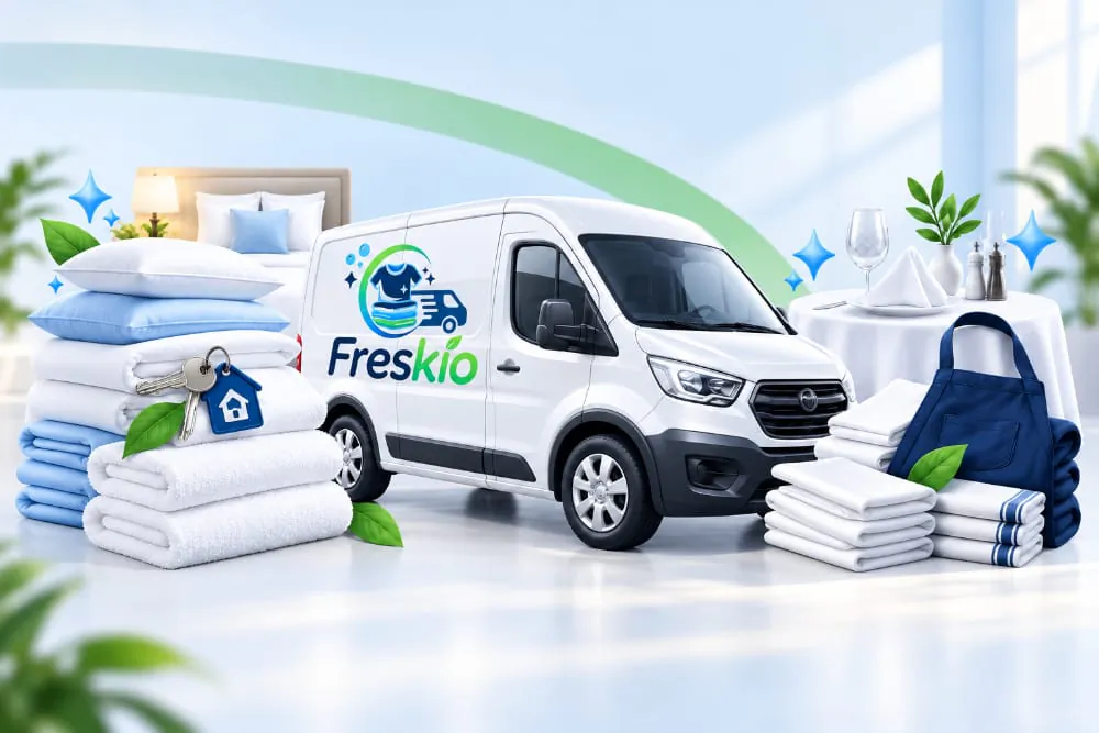 Βαν της Freskio με καθαρά σεντόνια και πετσέτες για επιχειρήσεις