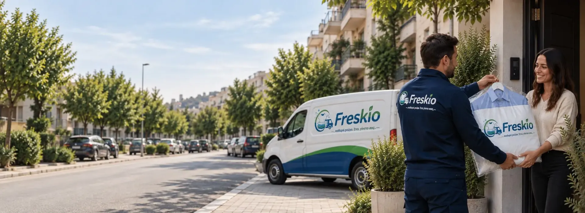 Κούριερ της Freskio παραδίδει ρούχα στην πόρτα, με το βαν στον δρόμο