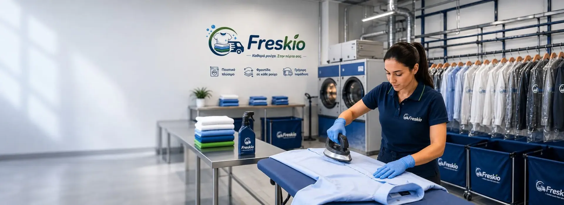 Υπάλληλος της Freskio σιδερώνει ρούχα με ατμό